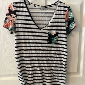 PINK Victoria's Secret Black and White Striped Tee with Floral Accents